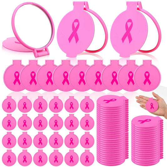 Tatuo 100 Pcs Breast Cancer Awareness Gifts for Women Mini Folding Makeup Mirror Bulk Round Pocket Portable Mirror Breast Cancer Awareness Accessories for Women Friends (Pink)