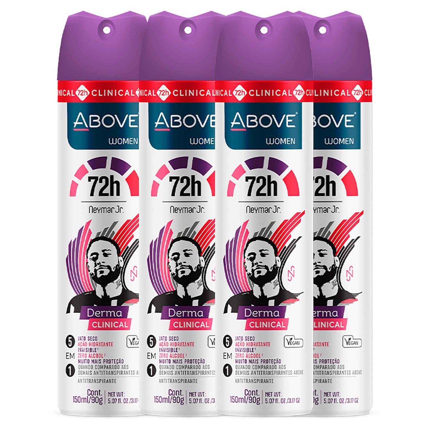 ABOVE 72 Hours Derma Clinical Antiperspirant Deodorant, Neymar Jr Women, 4 Pcs - Deodorant for Men - Mandarin, Cocoa, and Vanilla Notes - Dry Spray
