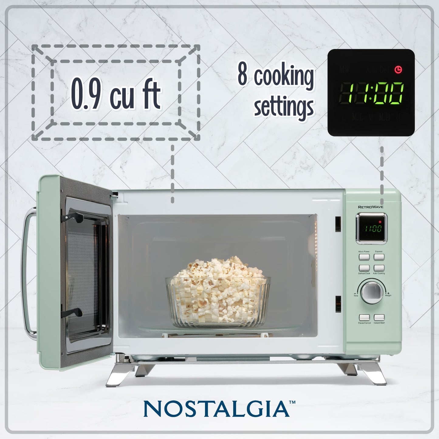 Nostalgia Mid-Century Retro Countertop Microwave Oven - Large 900-Watt - 0.9 cu ft - 8 Pre-Programmed Cooking Settings - Digital Clock - Kitchen Appliances - Seafoam Green