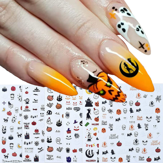 6 Sheets Halloween Nail Sticker Decals Pumpkin Skull Spider Bat Ghost Nail Art Sticker 3D Waterproof Self-Adhesive Cute Nail Decals Design Manicure DIY Nail Decoration Supplies for Women Girls Kids