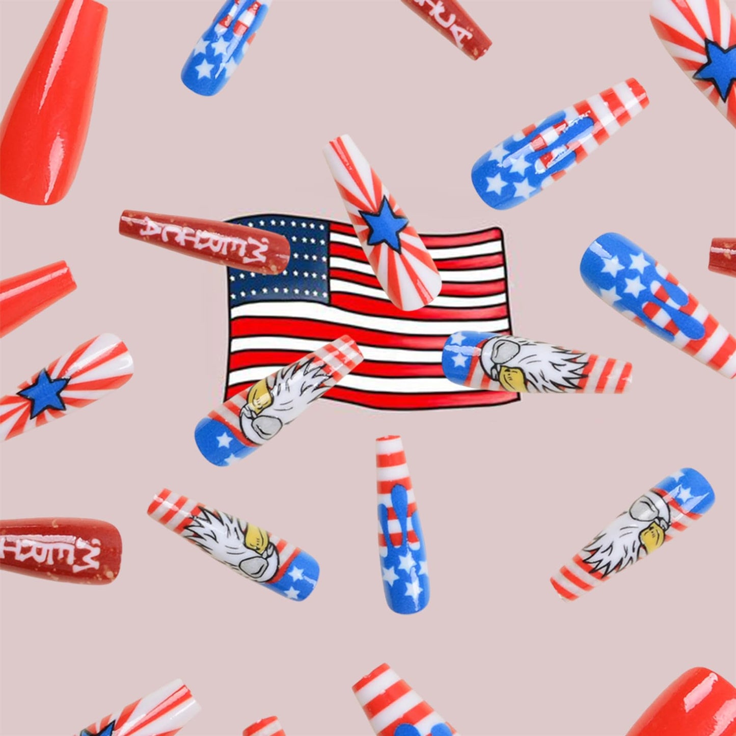 4th of July Press on Nails Red Blue White Long Coffin Fake Nails Independence Day American Flag Stars Owl Design False Nail Patriotic Full Cover Acrylic Nails for Women Girls Manicure Decoration 24Pcs