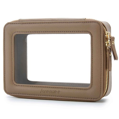 Aveniee Clear Makeup Bag Organizer, Travel Toiletry Bag Cosmetic Case for Women, Portable Make Up Skincare Pouch Car Organizer Bag with Zippers for Essentials,Taupe