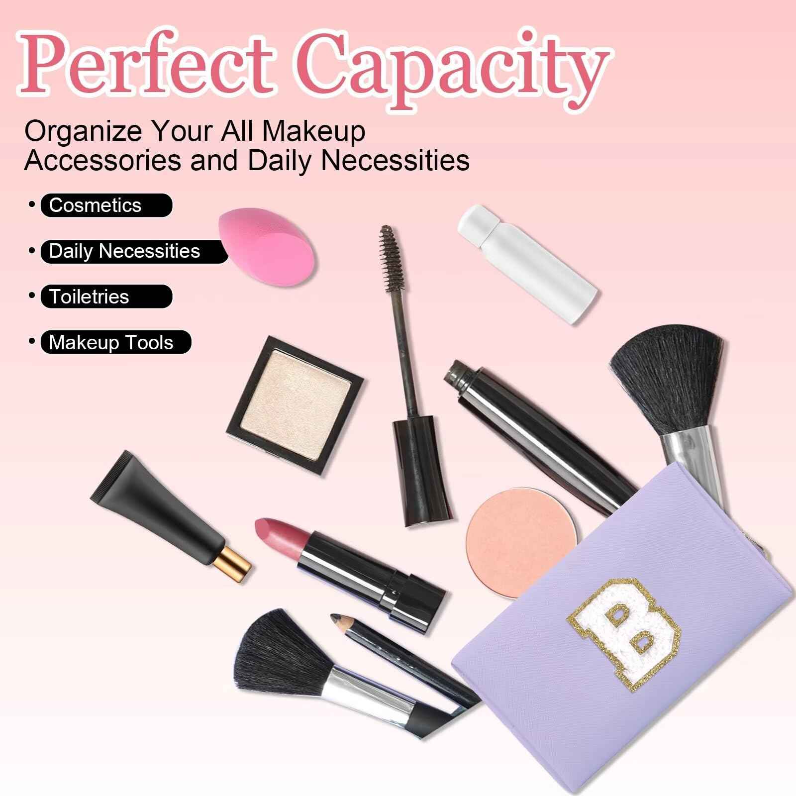 Small Personalized Letter Makeup Bag, Cute PU Leather Chenille Letters Cosmetic Bag Travel Makeup Pouch, Preppy Travel Organizer Zipper Pouch for Women&Girls（Purple-B）