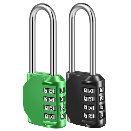 Combination Lock, 4 Digit Combination Padlock for School Gym Sports Locker, Fence, Toolbox, Case, Hasp Cabinet Storage (Long Shackle, 2 Pack, Green & Black)