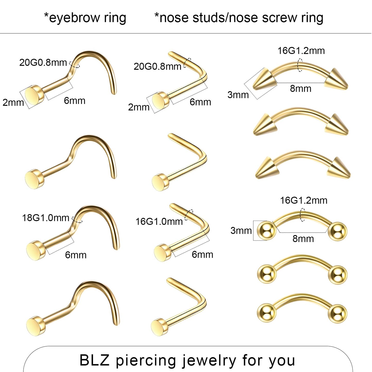 BLZ 90PCS Mixed-pack Piercing Kit Stainless Steel 14G 16G 18G 20G Piercing Needle with Nose Septum Lip Tongue Tragus Cartilage Daith Eyebrow Belly Button Rings Retainer Piercing Jewelry gold