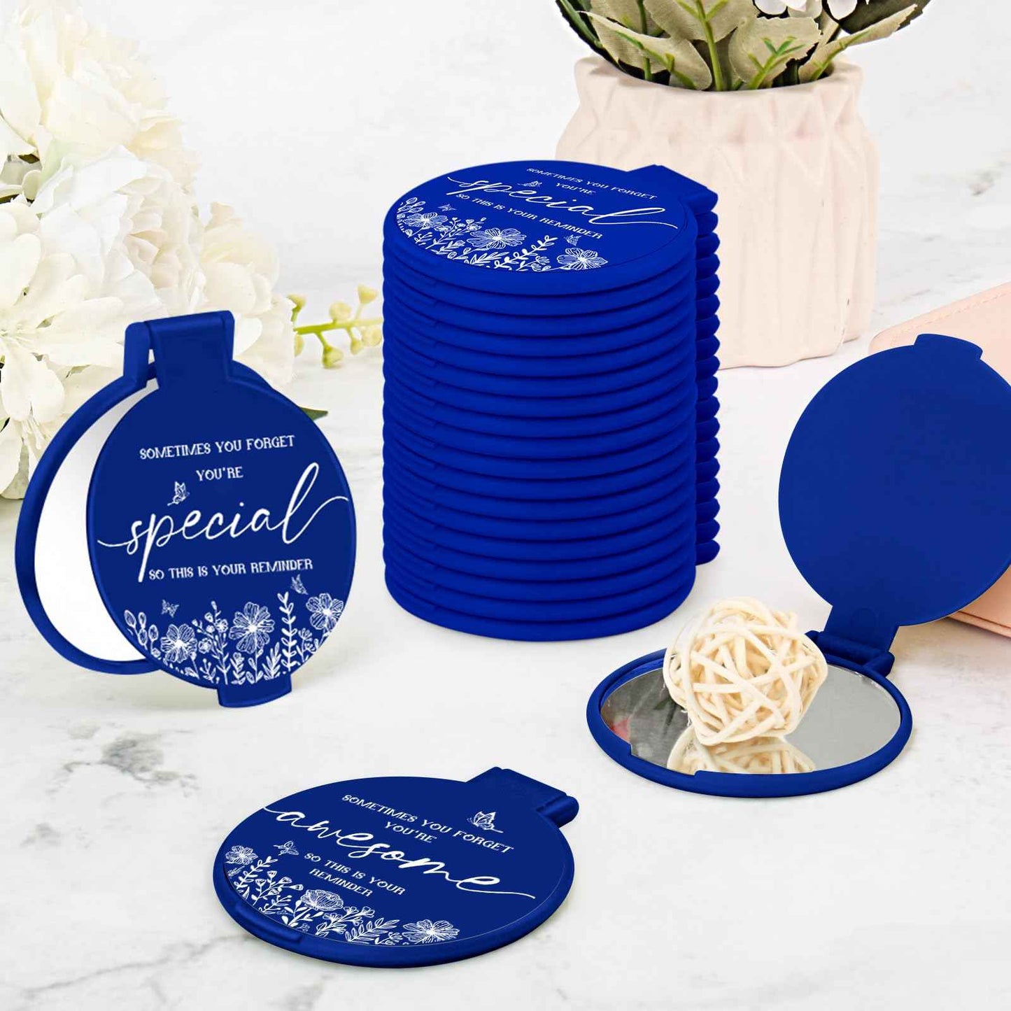 HSDSH 100 Pcs Inspirational Compact Mirror Bulk Small Pocket Mirror Purse Round Portable Folding Makeup Mirror Thanksgiving for Women Coworker Employee Teacher(Blue)