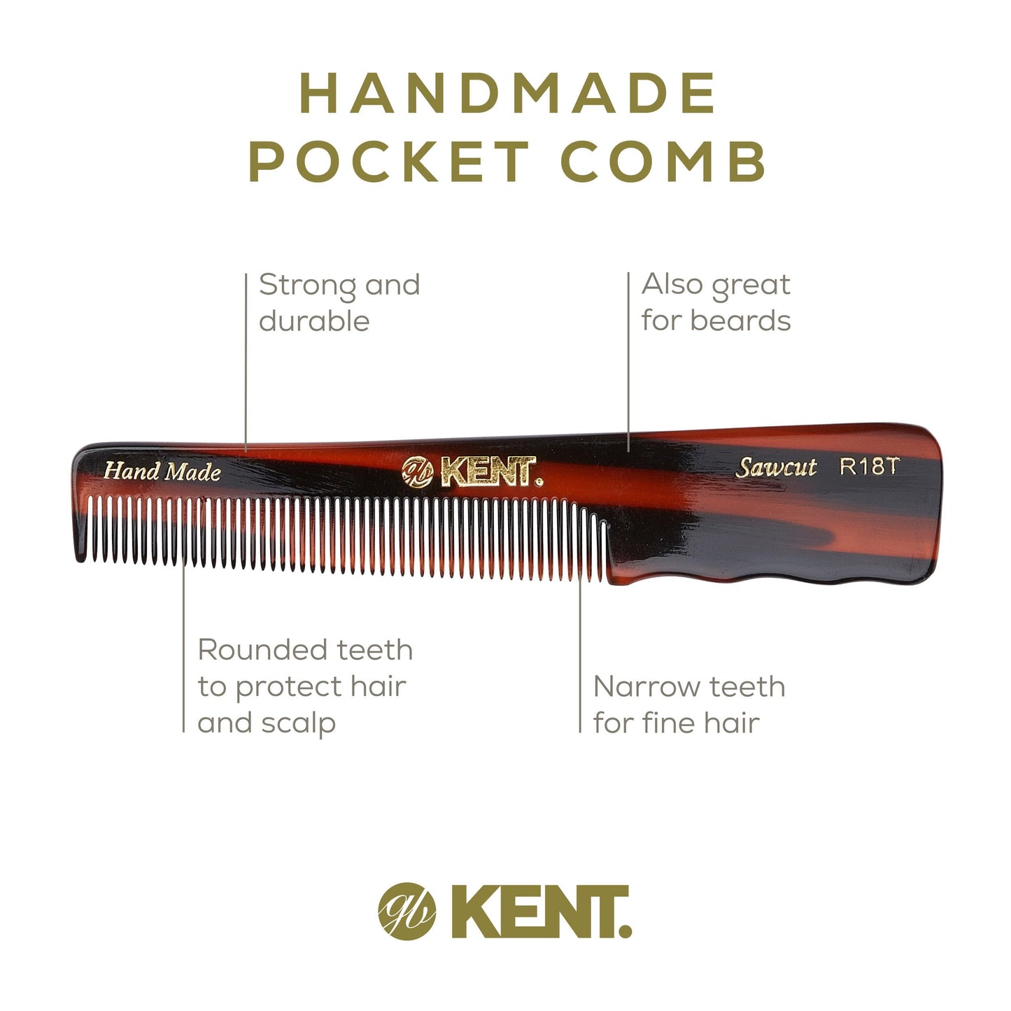 Kent Handmade Fine Tooth Hair and Mustache Comb for Men with Thumb Grip, Saw Cut and Polished - For Styling and Pocket, Made in England