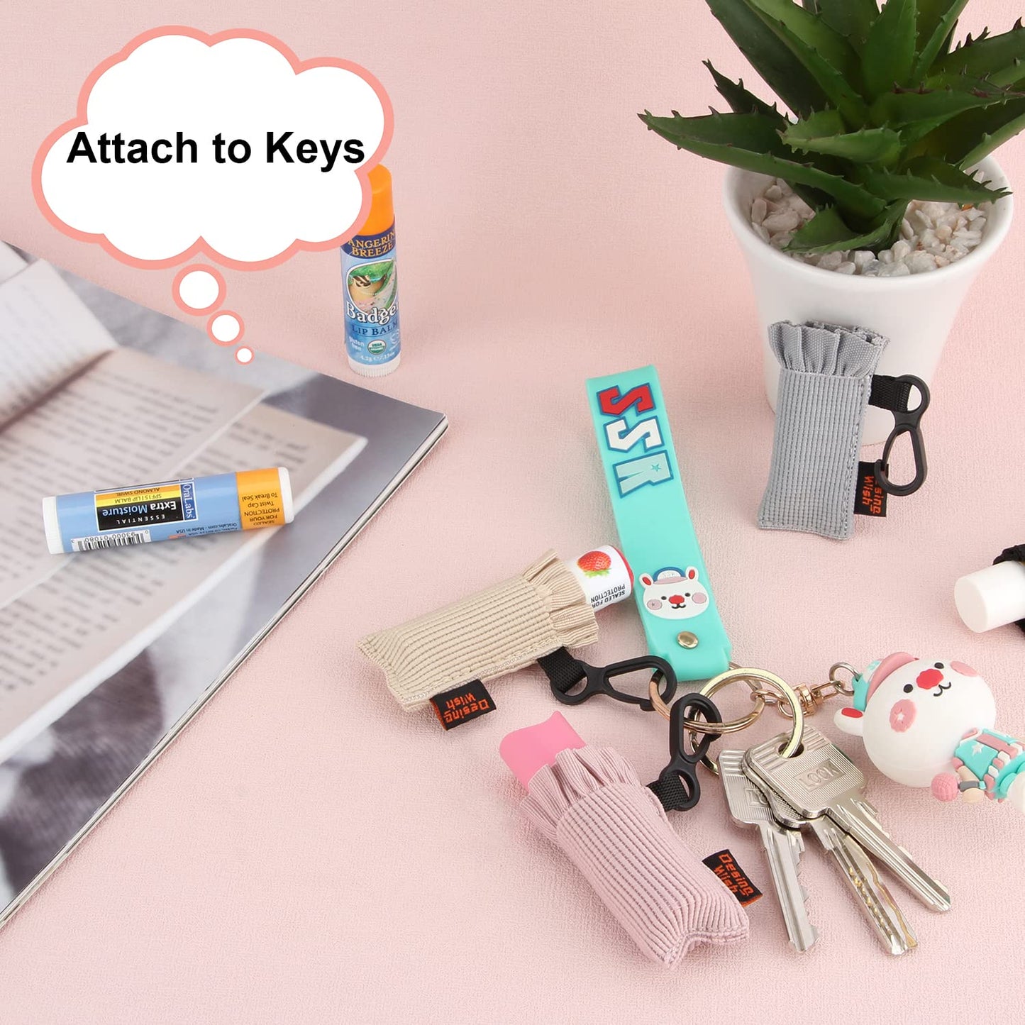 Desing Wish Lip Balm Holder Keychain, Elastic Chapstick Holder Sleeve, Cute Pattern Lip Balm Keychain Sleeves Clip On Keys/Purse/Bag 4 Pack (Black/Nude/Pink/Grey)