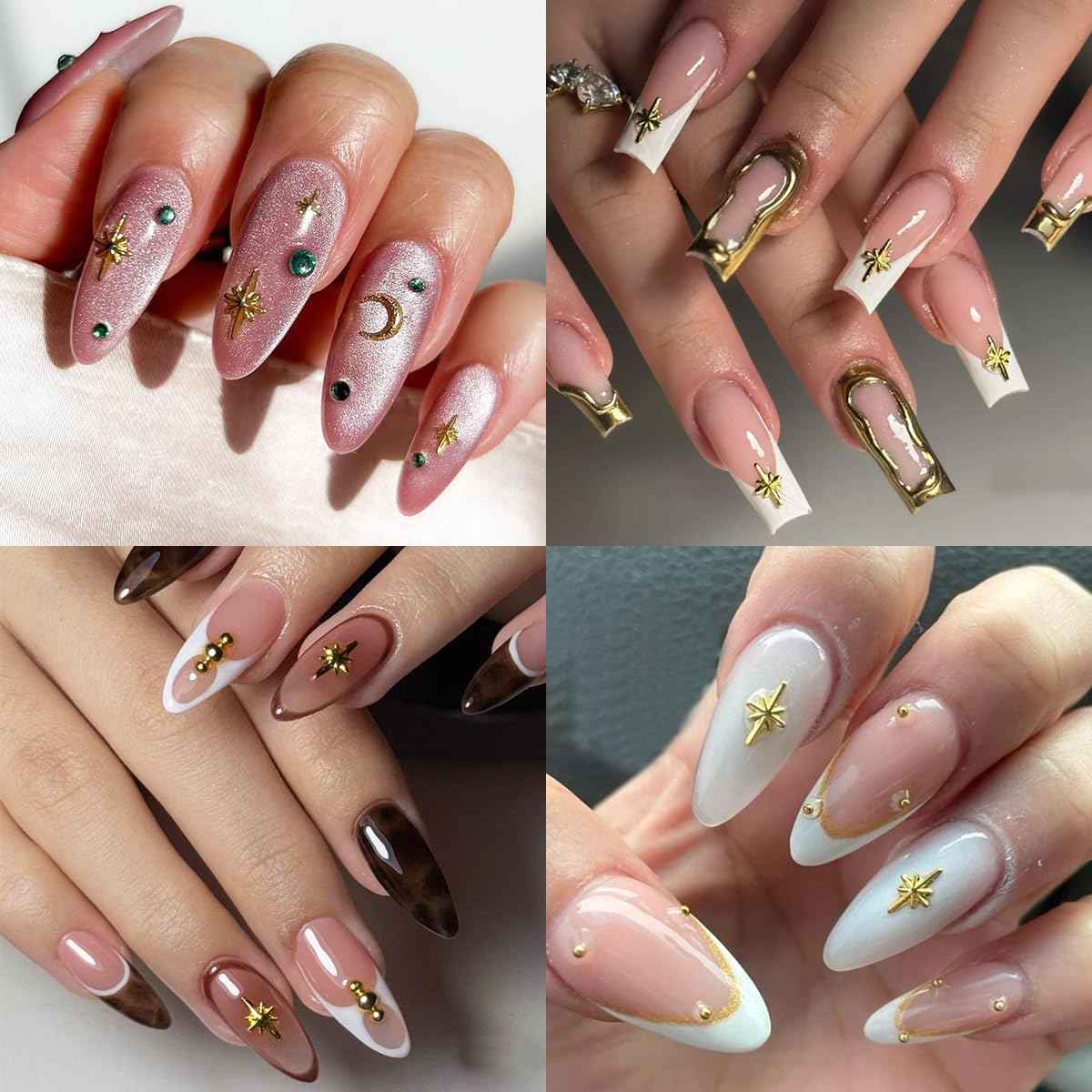Fspronail Star Nail Charms, 2 Boxes Gold Nail Charms Twinkle Stars Cross Metal Charms for Nails Design Studs Rivets Mix Size Gold Caviar Nail Beads Y2K Decoration for Acrylic Nails