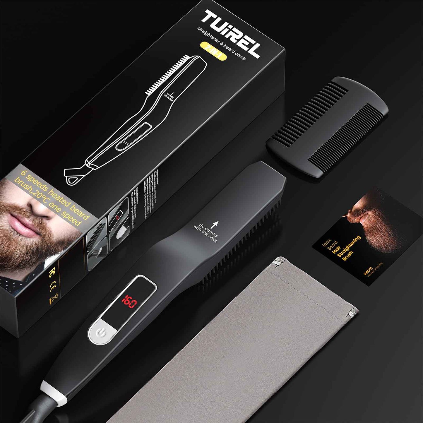 TUIREL Beard Straightener for Men, 2 in 1 Heated Beard Brush, 6 Temperature Settings LCD Display Anti-scalding Hot Comb for Beard Care Kit for Men Gifts Set