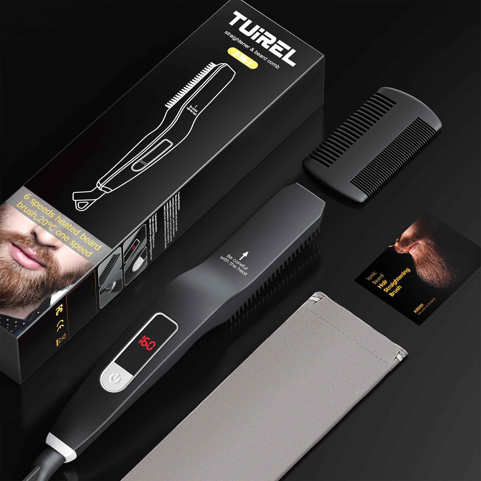 TUIREL Beard Straightener for Men, 2 in 1 Heated Beard Brush, 6 Temperature Settings LCD Display Anti-scalding Hot Comb for Beard Care Kit for Men Gifts Set