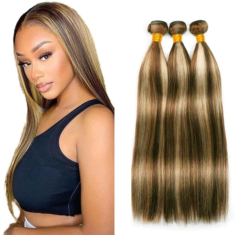 P4/613 Highlight Blonde Bundles Human Hair Straight Bundles 16 18 20 Inch Unprocessed Brazilian Virgin Hair Weave 3 Bundle Brown Human Hair Extensions 50 Grams Per Bundle