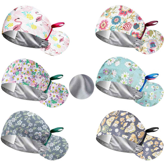6 Pcs Scrub Caps Women Satin Lined, Adjustable Surgical Caps for Women, Nurse Cap with Button and Sweatband, Scrub Hats Women Ponytail, Working Cap for Unisex, Elastic Ponytail Tie Back, One Size