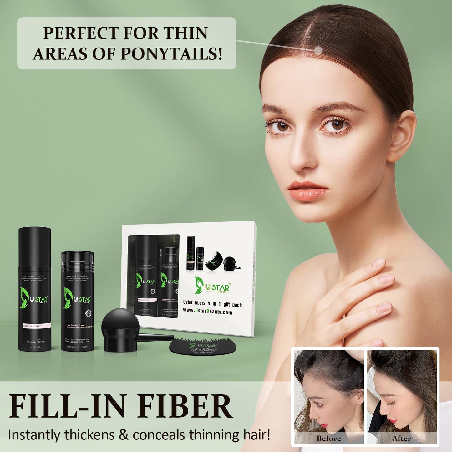 Hair Building Fibers Set, USTAR 4 in 1 Hair Fibers for Thinning Hair and Hair Fiber Spray, Natural Hair Filler Instantly Conceals Hair Loss, Hair Powder for Women & Men 27.5g (Dark Brown)