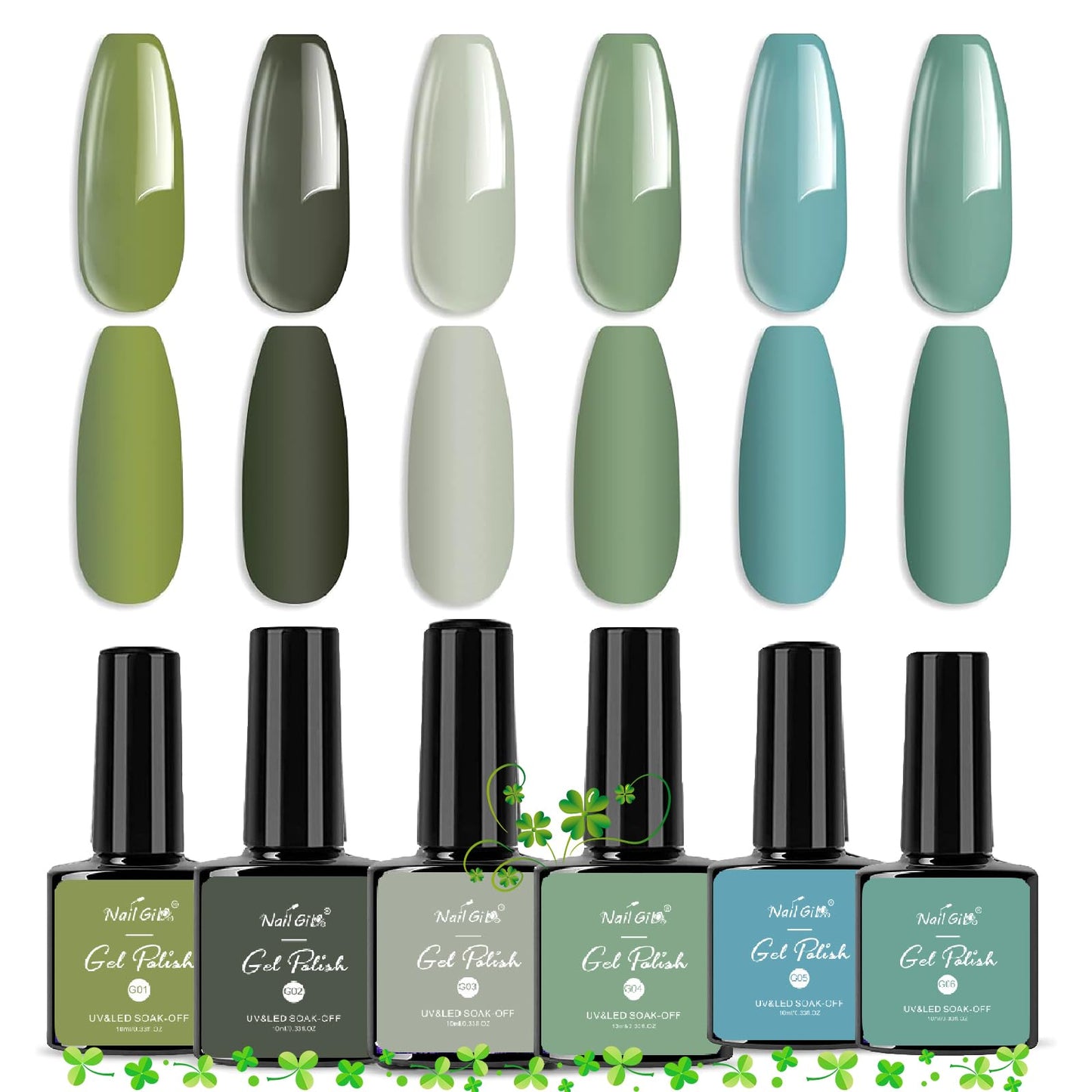 NAILGIL Gel Nail Polish Set Green, 6 Colors Soak Off Olive Turquoise Sage Nail Gel Mint Army Teal Green U V Nail Polish with Nail Stickers, Gift for Women DIY at Home 10ml