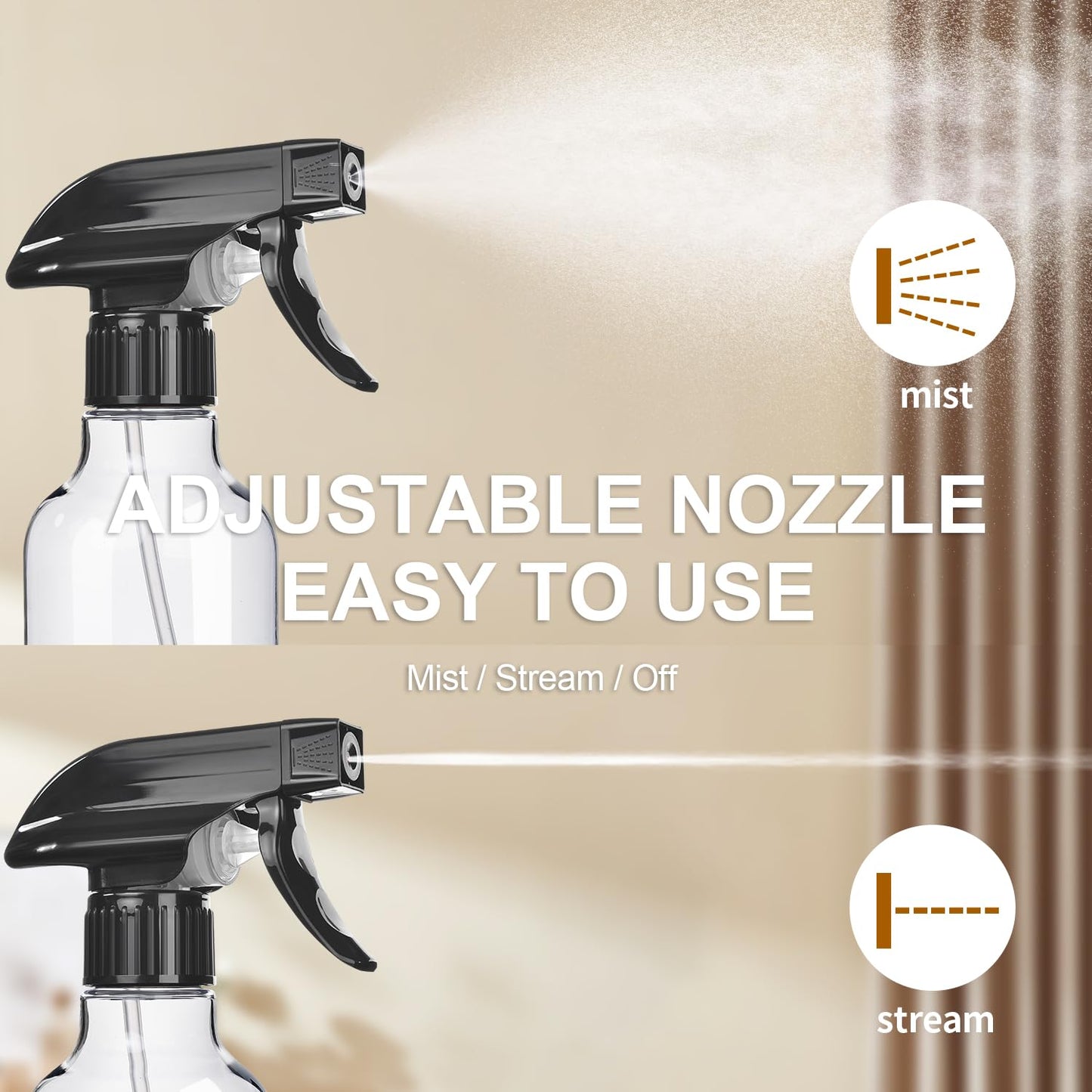 Uineko Spray Bottles 2-Pack, 10 Oz, Mist & Stream, Heavy Duty Spraying Empty Water Sprayer Bottle, BPA Free Plastic Refillable Containers for Cleaning Solutions, Plants, Hair, Essential Oils (Clear)