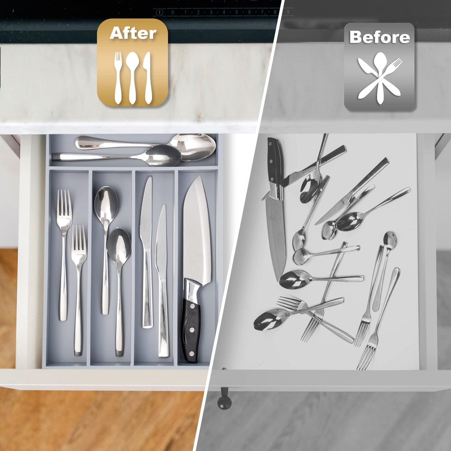 Besilord Silverware Organizer Kitchen Drawer Organizer Utensil Organizer Bamboo Silverware Holder Cutlery Organizer in Drawer Flatware Organizer Tray(5 slots, Gray