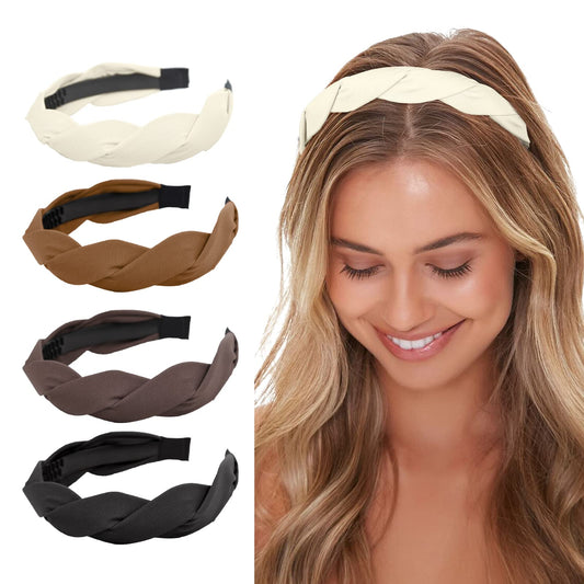 WOVOWOVO 4 Pieces Braided Headband for Women Girls Wide Hairband Fashion Non Slip Hairhoop Weaving Shape Accessories Solid Colors