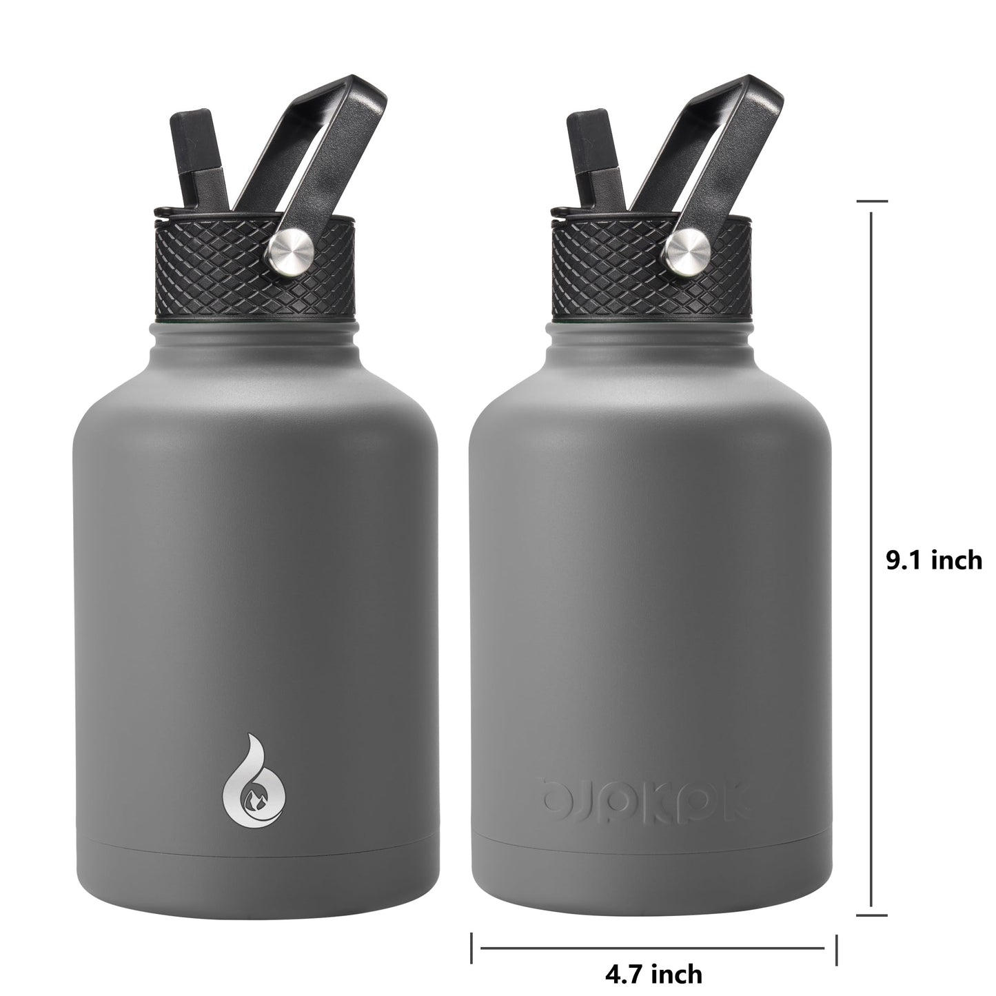 BJPKPK 50oz Stainless Steel Insulated Water Bottle, Vacuum Water Bottle with Straw, Leak Proof, Hot & Cold Insulation, 3 Lids & Paracord Handle, Gray