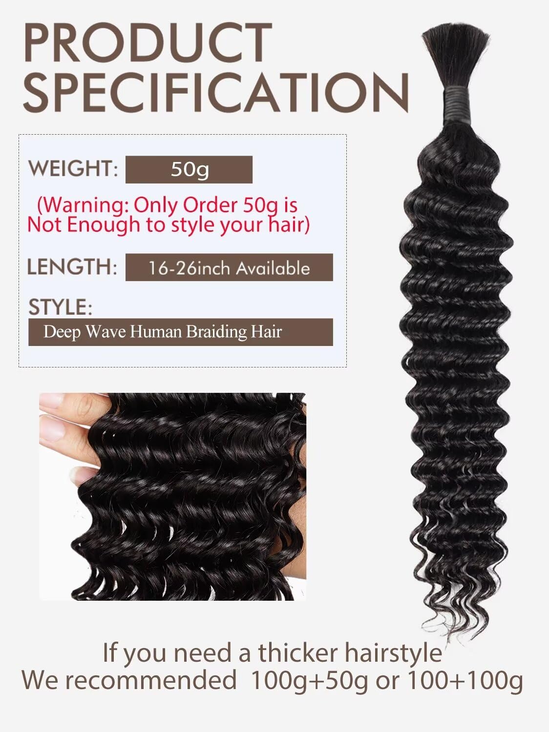 Human Braiding Hair 1 Bundle 50g 18 Inch Deep Water Wave Bulk Human Hair for Braiding No Weft 10A Brazilian Virgin Curly Human Hair Extensions for Boho Braids Wet and Wavy Human Hair Braiding Hair