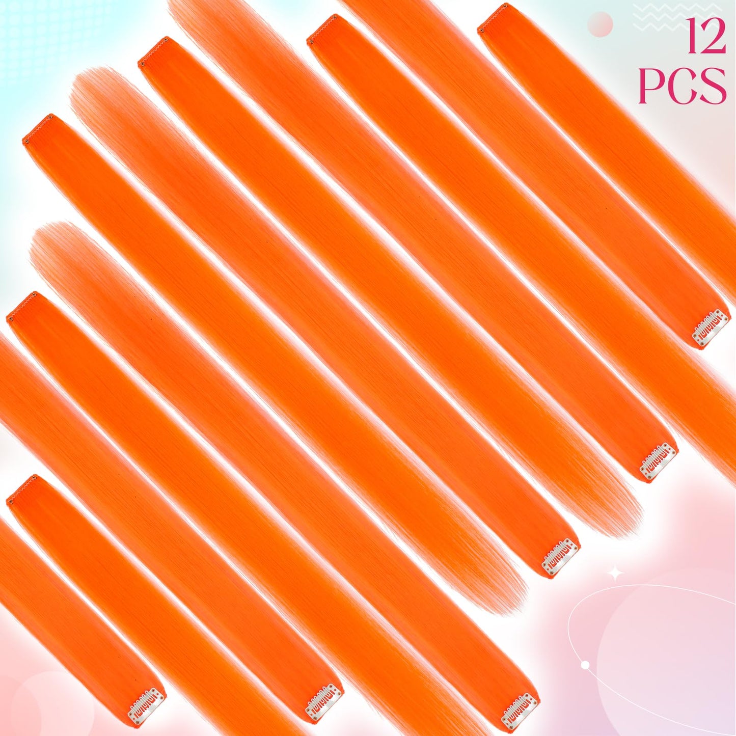 Felendy Colored Hair Extensions, 12 Pcs Orange Clip in Hair Extensions Highlight Colorful Straight Hairpieces Daily Party Costumes Synthetic Piece for Women Kids Girls Halloween