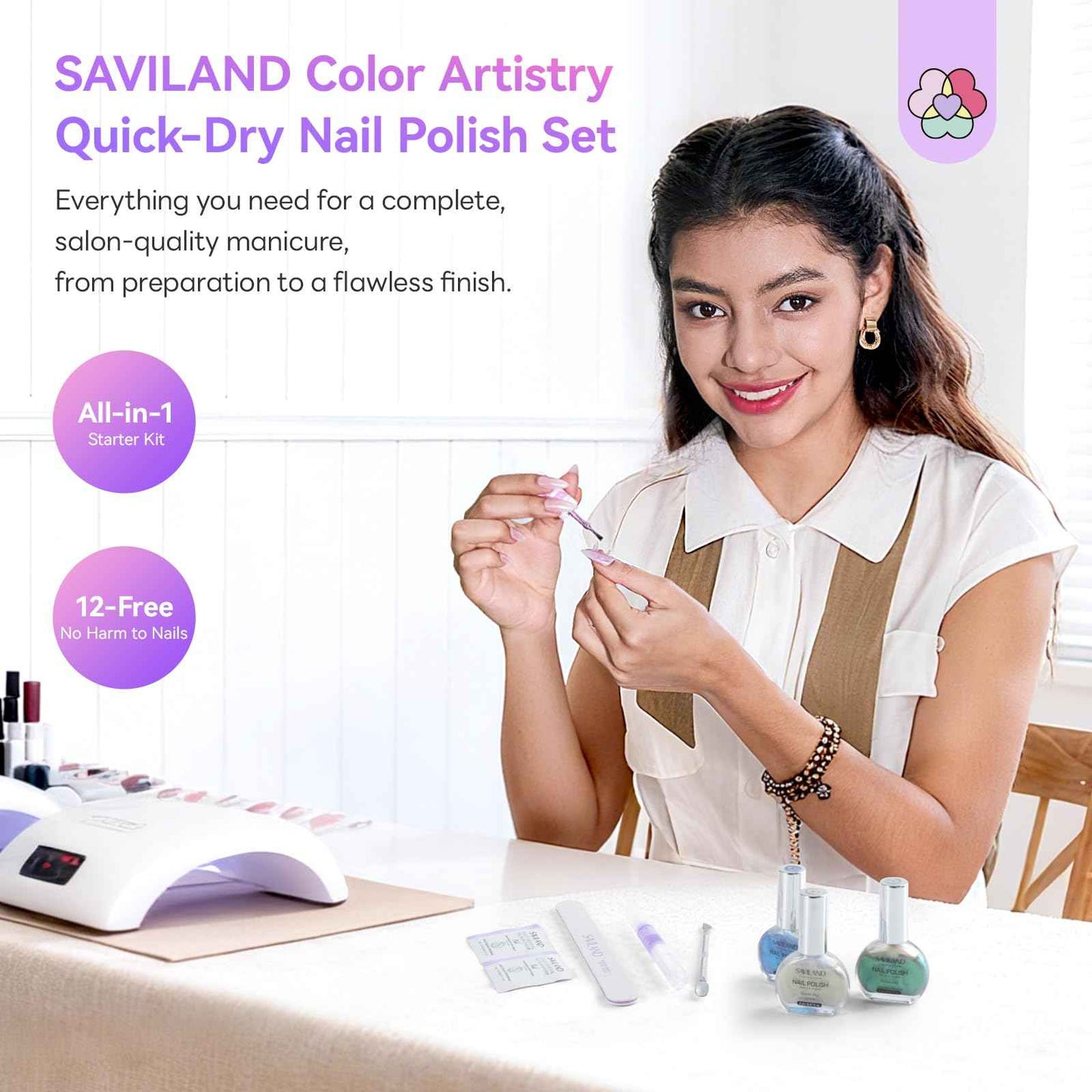 SAVILAND Color Artistry Quick-Dry Aurora Nail Polish Kit: 6+1 Colors Nail Polish Set with 3-in-1 Base Top Coat Cuticle Oil Pearl Glitter Pink Blue Green 12-Free Fingernail Polish for Women Girls Gift
