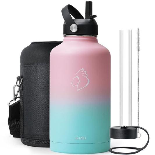 BUZIO Vacuum Insulated Stainless Steel Water Bottle 64oz (Cold for 48 Hrs/Hot for 24 Hrs) BPA Free Double Wall Travel Mug/Flask for Outdoor Sports Hiking, Cycling, Cam,Camping, Running, Bubble Gum