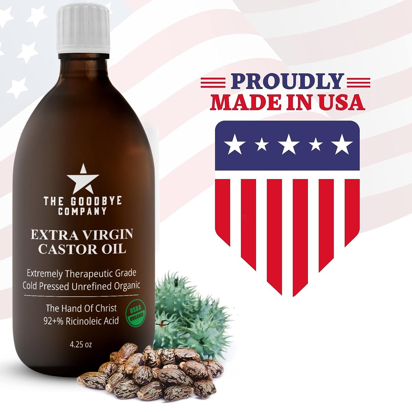 Castor Oil USDA Certified Organic Glass Bottle Pure Cold-Pressed - (120 mL) 100% Natural Virgin Castor Oil Unrefined Moisturizing for Skin Hair Growth, Food Grade Hexane & BPA Free (4.25 Ounces)