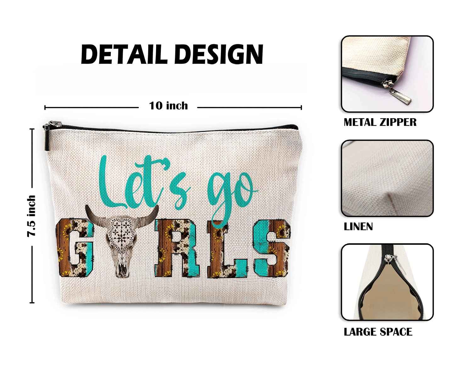 Sufamb Let's Go Retro Western Country Bull Skull Makeup Bag, Cowgirl Cosmetic Pouch for Women, Christmas & Birthday Gift for Teen Girls