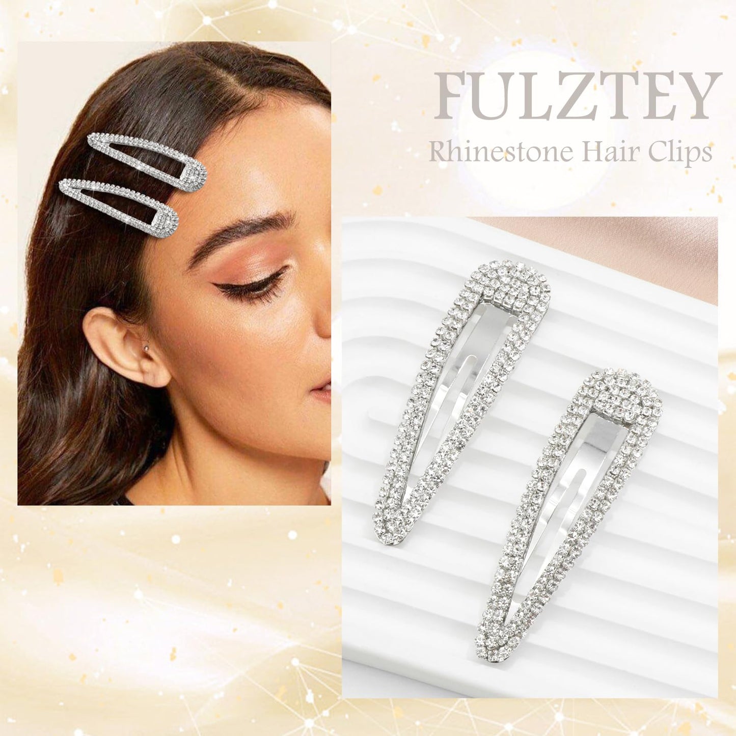 FULZTEY 4 Pcs Silver Rhinestone Hair Clips for Women Girls Metal Snap Hairpins Bling Crystal Hair Barrettes Glitter Diamond Barrettes Duckbill Side Hair Clip Decorative Makeup Hair Accessories