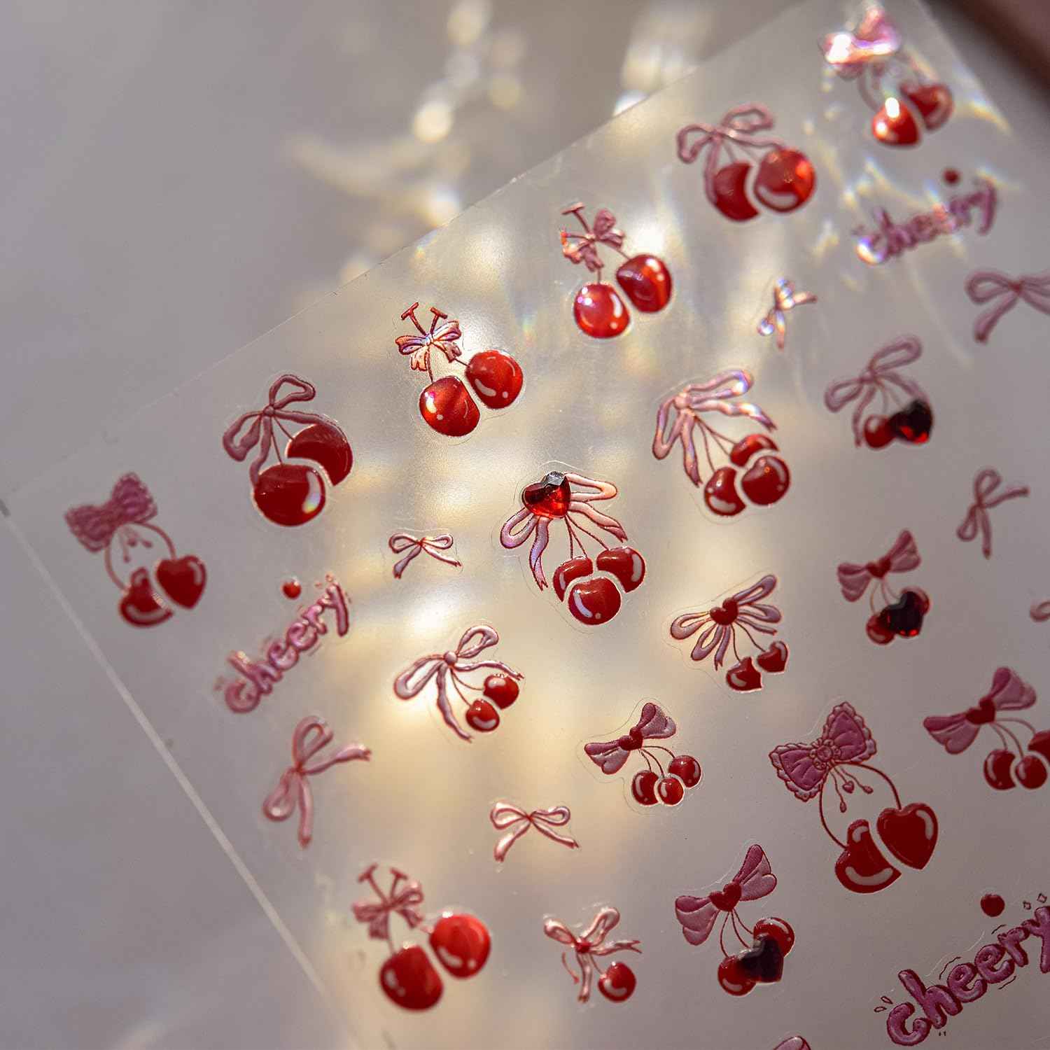 UEYRSEDB Red Cherry Nail Stickers Pink Bow Nail Art Stickers Self-Adhesive Heart Rhinestone Charms Nails Decals Cute Summer Red Cherry Nails Design Summer Pink Bow Supplies for Women Manicure DIY