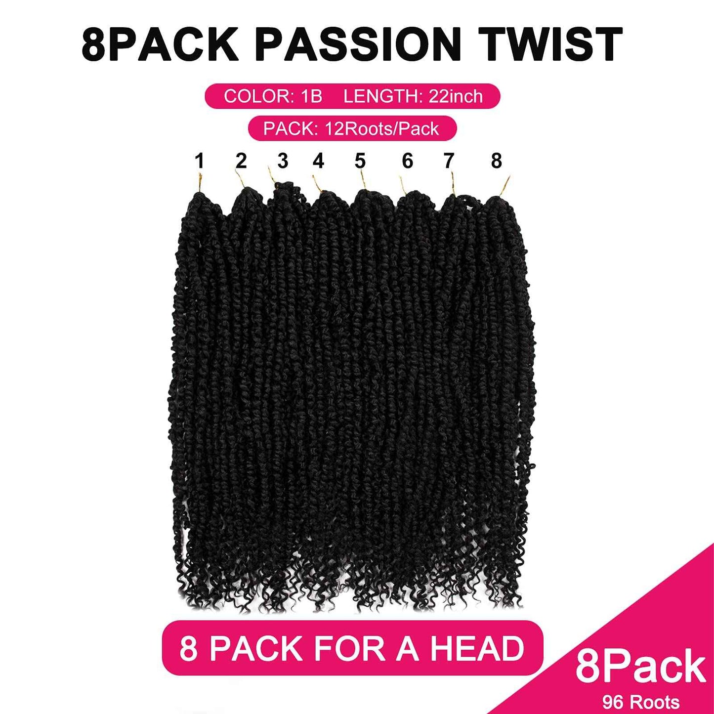 Passion Twist Hair - 8 Packs 22 Inch Passion Twist Crochet Hair For Women, Crochet Pretwisted Curly Hair Passion Twists Synthetic Braiding Hair Extensions (22 Inch 8 Packs, 1B)