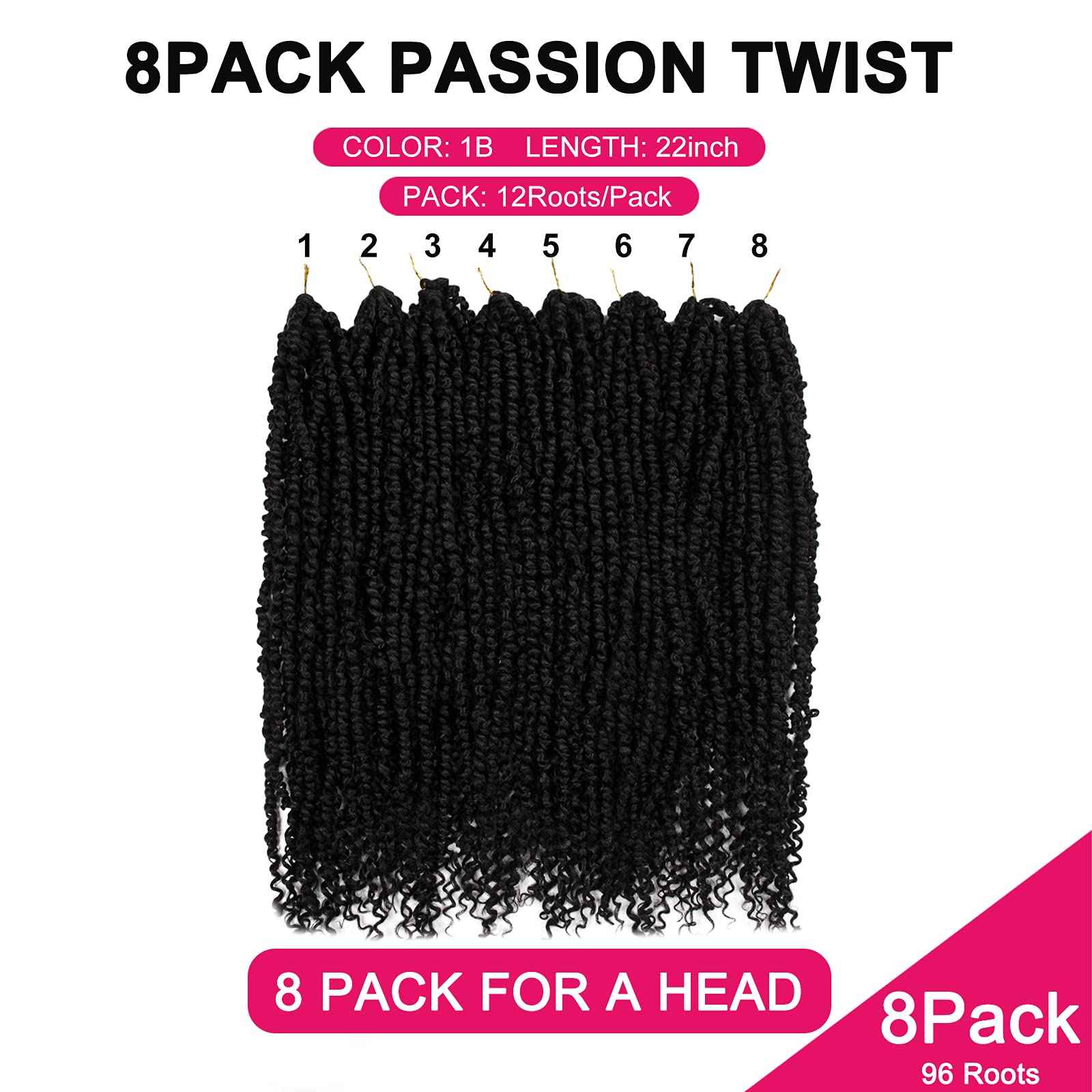 Passion Twist Hair - 8 Packs 22 Inch Passion Twist Crochet Hair For Women, Crochet Pretwisted Curly Hair Passion Twists Synthetic Braiding Hair Extensions (22 Inch 8 Packs, 1B)