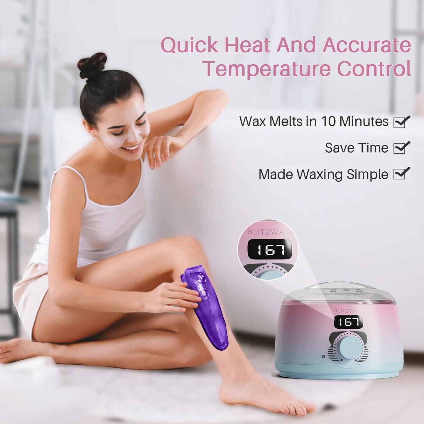 BLITZWAX Brazilian and Bikini Waxing Kit for Women, Hard Wax Warmer for Face, Legs and Body, At Home Hair Removal Kit, Beginner Friendly, Quick Heating, Pink and Blue Gradient Color