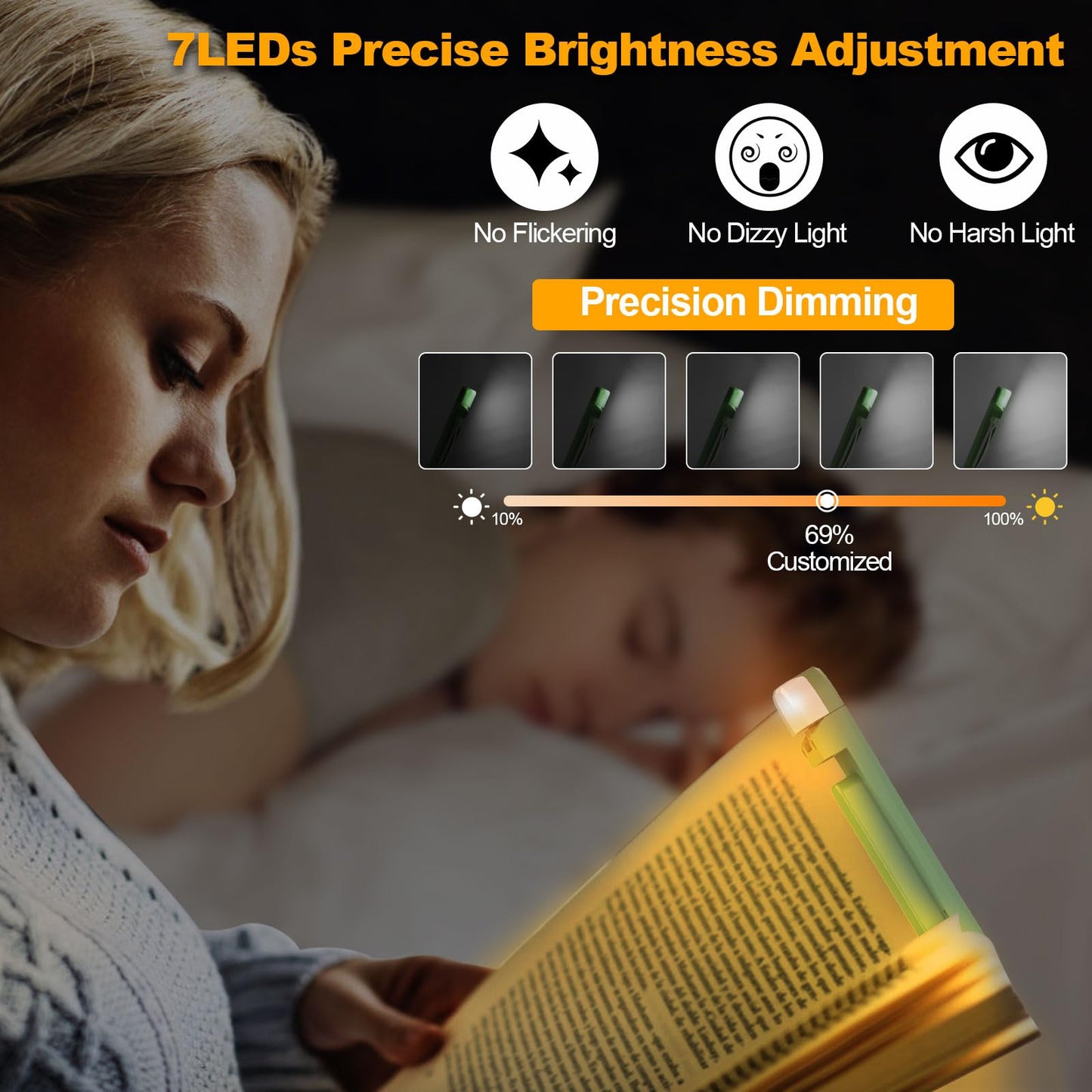 HIONXMGA Book Reading Light,Silent Touch Book Lamp for Reading in Bed,Rechargeable Clip on Booklight with 3 Amber Colors & 7 LEDs Precise Dimming for Eye Caring Night Reading,Book Lovers,Kids,Green