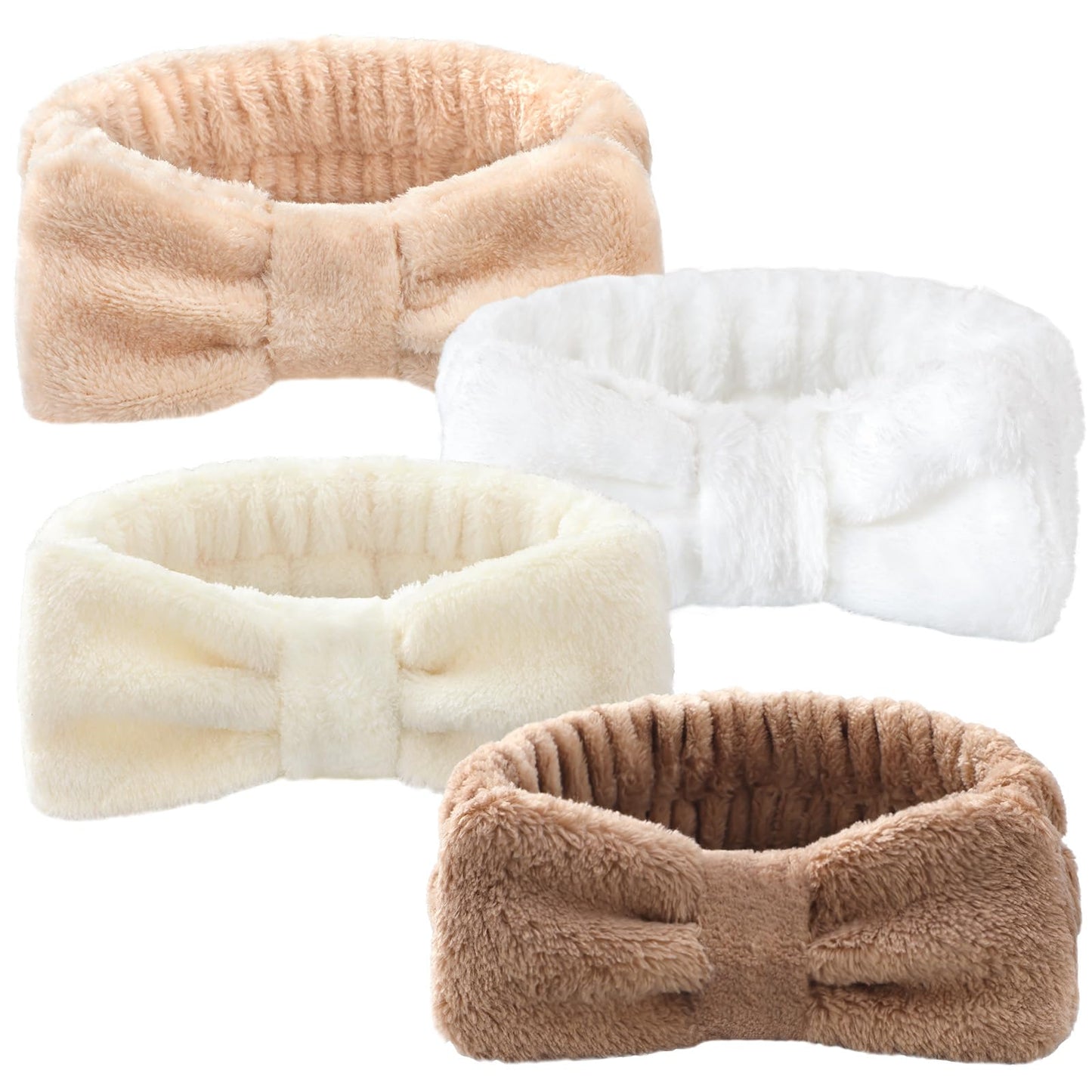 VITEVER 4 Pack Spa Headband for Washing Face, Girls Makeup Bow Tie Hair Band, Microfiber Women Headbands, Elastic Headband to Wash Face Skincare, Girl Gift-Dark Brown, Light Brown, Beige, White