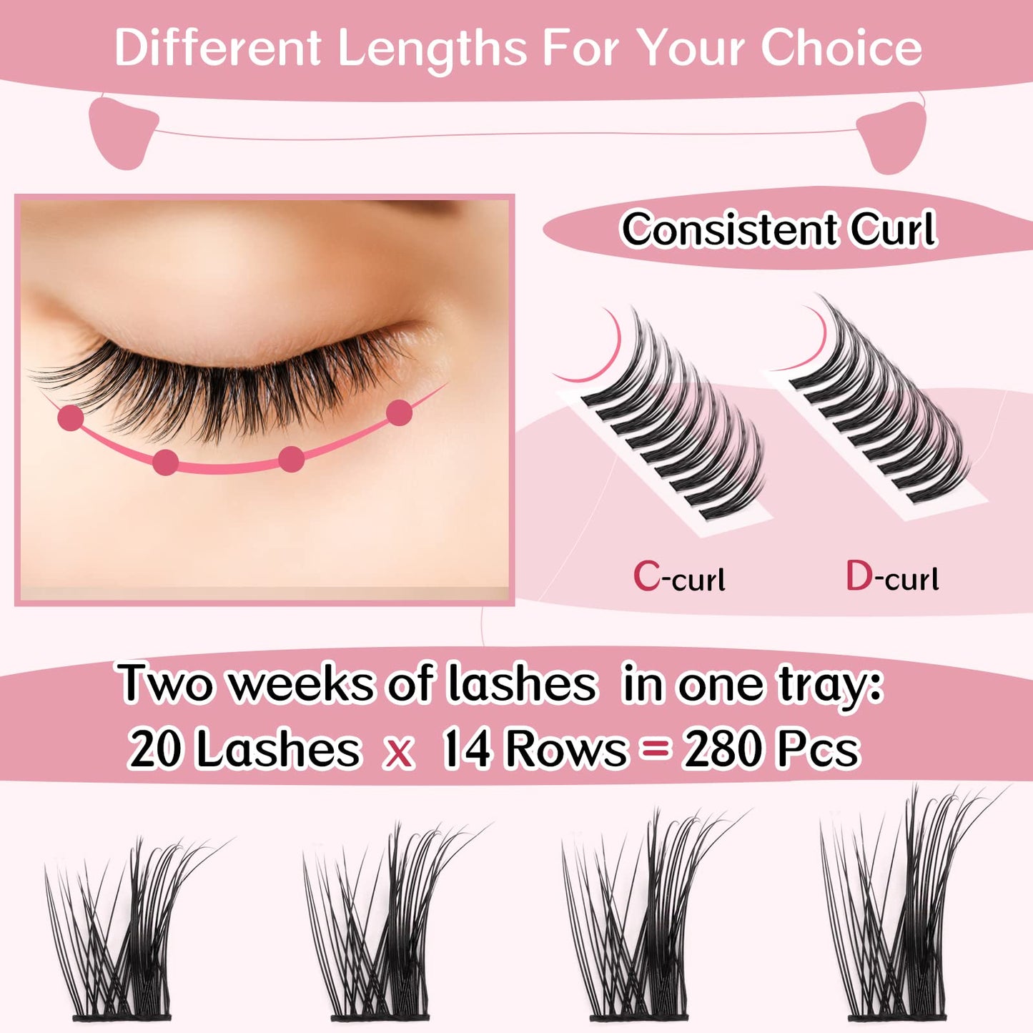 Cluster Lashes, 280 Pcs Individual Lashes, Lash Clusters DIY Eyelash Extension, Super Thin Band Reusable Soft & Comfortable (Promise-D-mix)