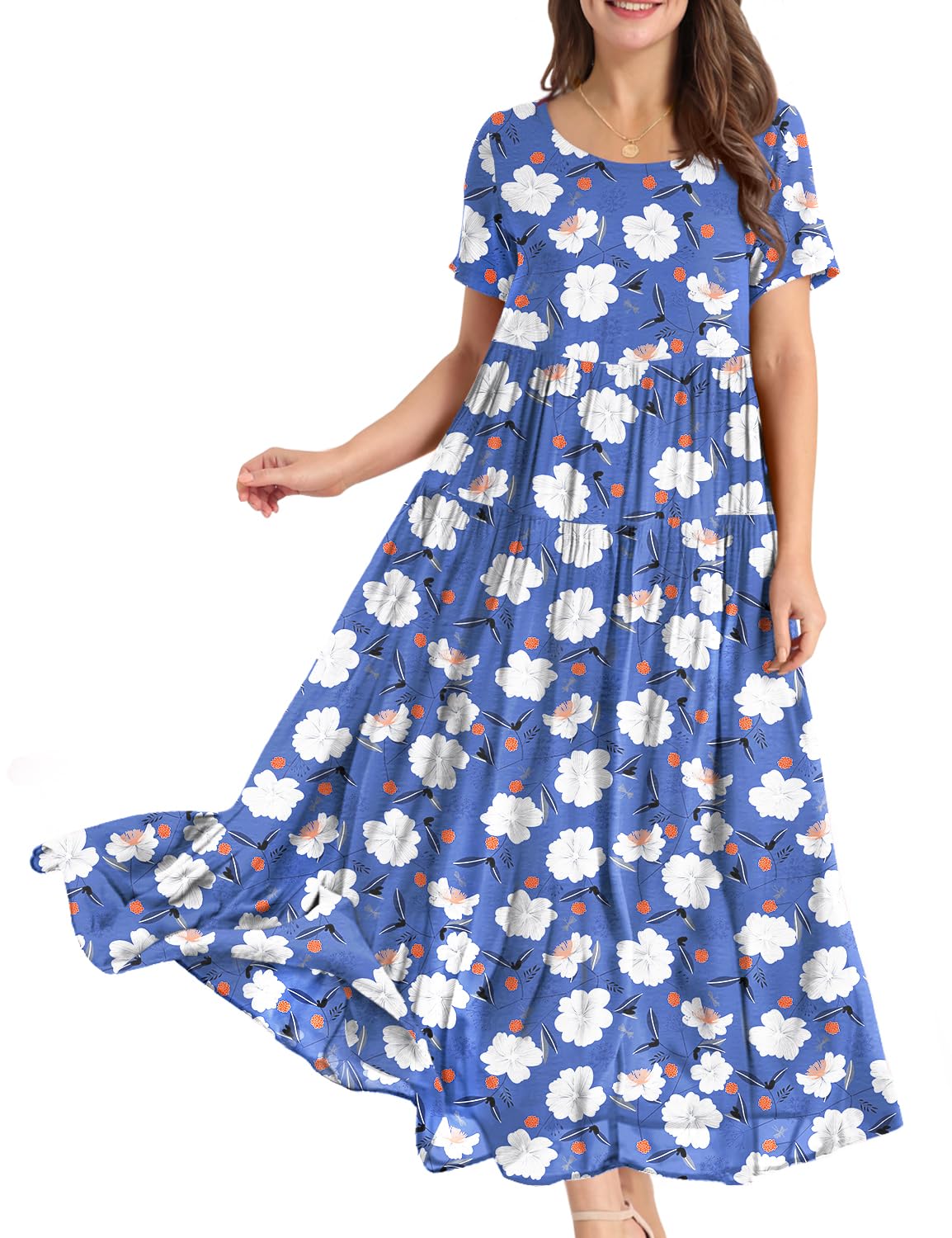 YESNO Women Casual Loose Bohemian Floral Dress with Pockets Short Sleeve Long Maxi Summer Beach Swing Dress S EJF CR395