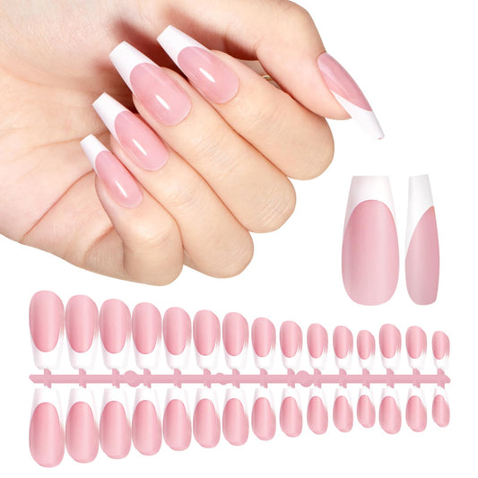 CHRISTINE SHELLY French Gel Nail Tips 240Pcs French Tip Press on Nails Pink Long Coffin 4 in 1 Pre-applied Tip Primer & Base Coat No Need to File Fake Nails for Salon & DIY 15 Sizes White