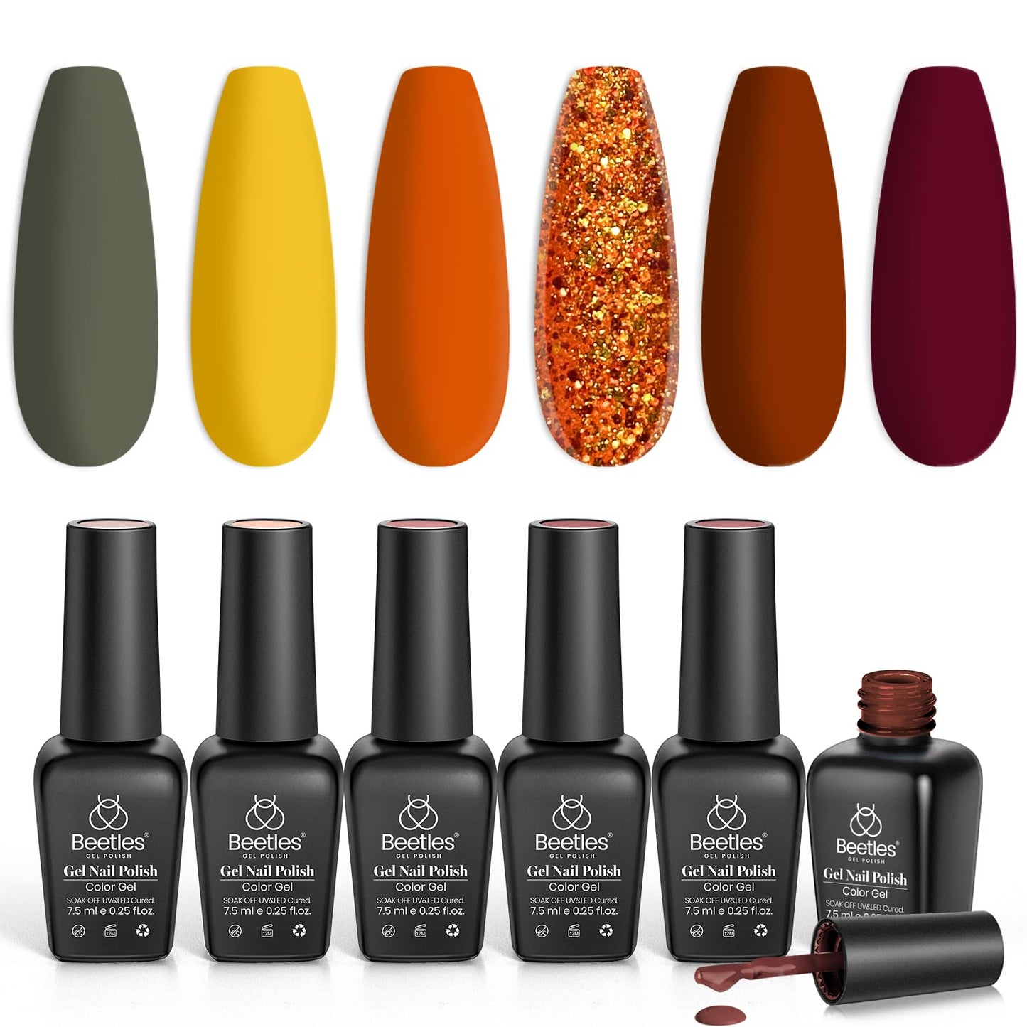 Beetles Gel Nail Polish Set 6Pcs Brown Green Yellow Burgundy Orange Glitter Gel Polish Nails Art Soak off Uv LED Manicure Gift Set Golden Season Collection 2024 Nail Trend Gift for Women