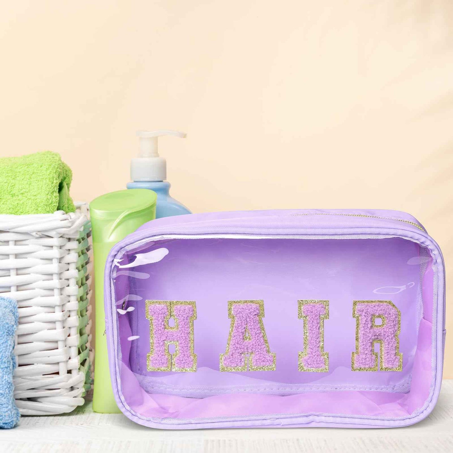 Pumwoy 4Pcs Storage Bag for Skin Face Hair Stuff with Chenille Letter,Transparent PVC,Waterproof Nylon,Cosmetic Bag Makeup Pouch with Zipper(Light Green, Purple, Pink, Khaki)