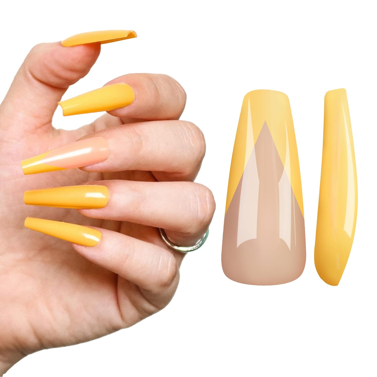 Allkem Press On Nails - Yellow Manicure Glossy Extra Long Coffin 2 Set Bundle | 10 sizes - 20 pcs False Nails Full Cover Nail Kit with Glue