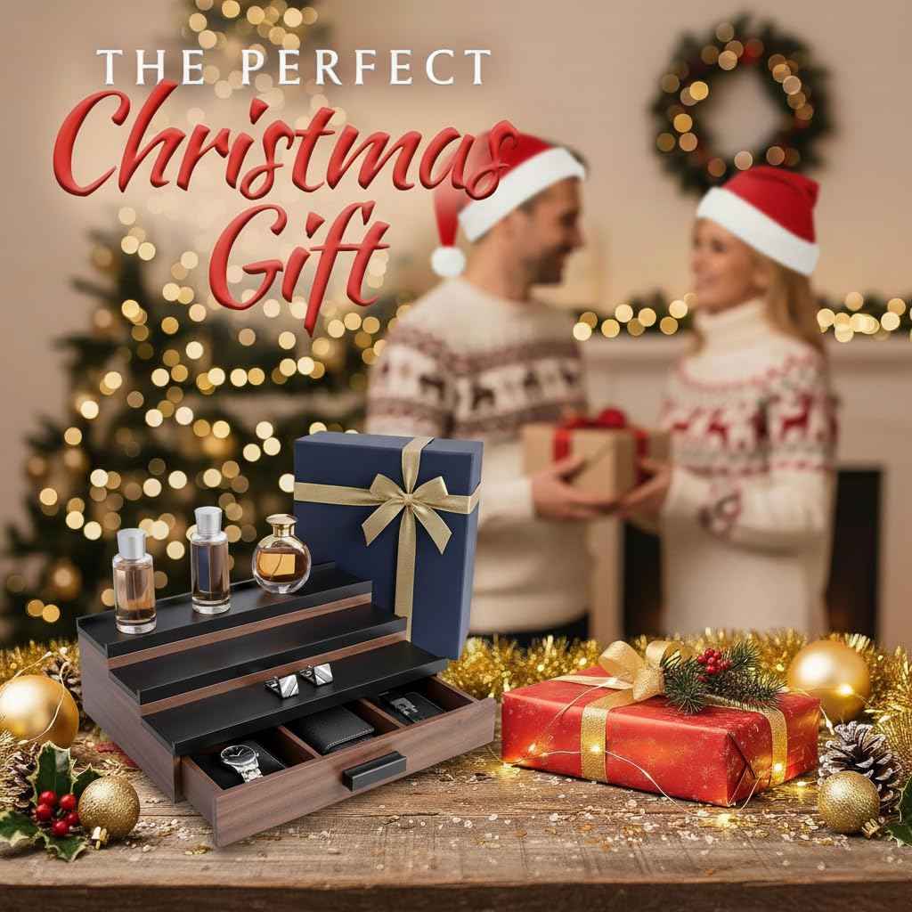 Cologne Organizer for Men – Black Wood Cologne Stand with Drawer & Storage, 3 Tier Perfume Display Holder for Bedroom, Office, Bathroom – Ideal Gift for Men, Father, Husband