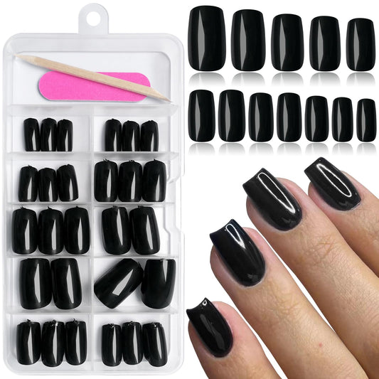 EternalClassic 120pcs Square Press on Nails Short, Black Fake Nails Medium Square Acrylic Nails Press on Square Tips Artificial False Nails with Adhesive Tabs for Women Girls