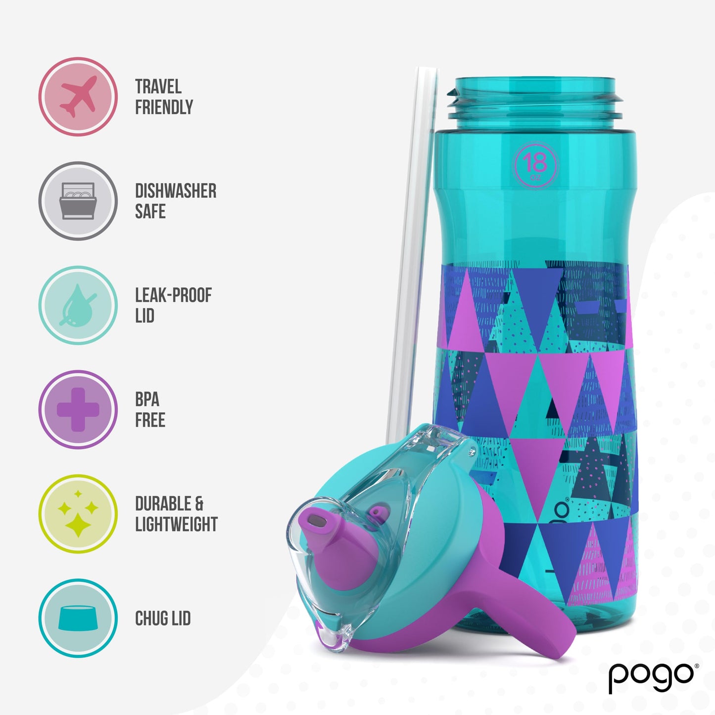 Pogo BPA-Free Tritan Kids Water Bottle with Silicone Soft Straw, Taffy Triangles, 18 oz.