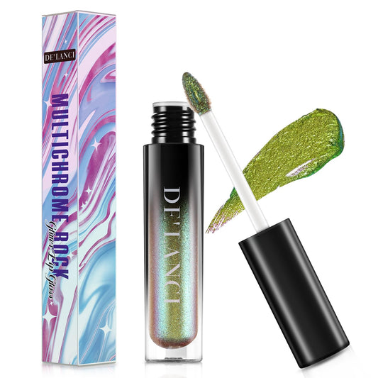 Chameleon Liquid Lipstick, Oil-based Diamond Shiny Glitter Lip Gloss, Sparkly Metallic Color Intense Highly Pigment Shimmery Finish, Long wears, Holographic Talc Free (#01 Gold Green)