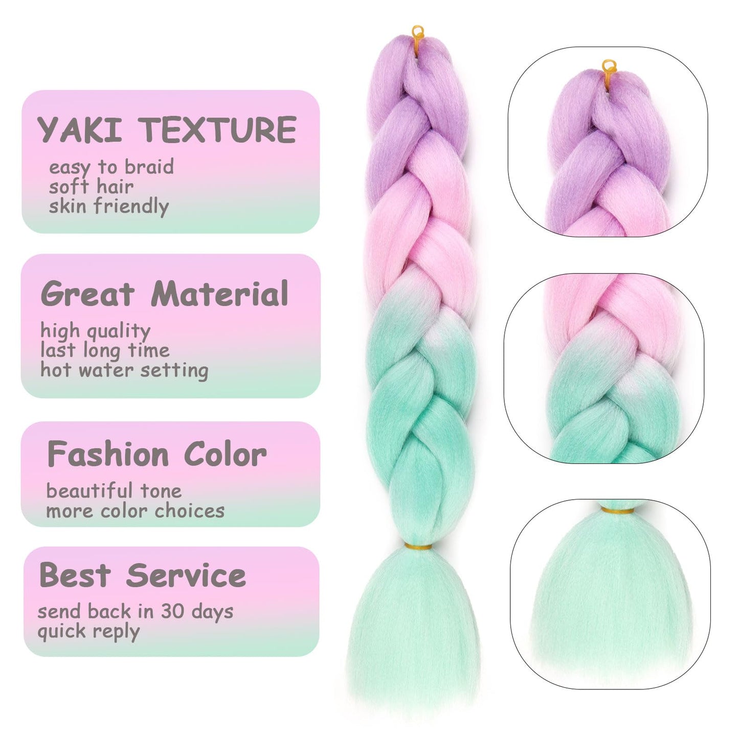 Ombre Light Purple to Pink to Mint Green Pink Braiding Hair Extensions Ombre Braiding Hair 3 Packs 24 inch Synthetic Hair for Braiding