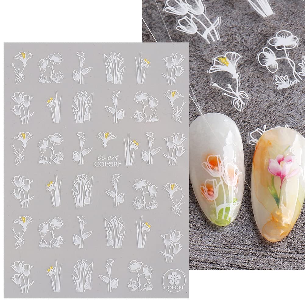 Flower Nail Art Stickers Decal,4 Sheets Tulip Nail Stickers for Nail Art,3D Elegant Spring Self-Adhesive Nail Supplies Flowers Floral Small Tulip Nail Designs for Women Girls Nail Art DIY Decorations