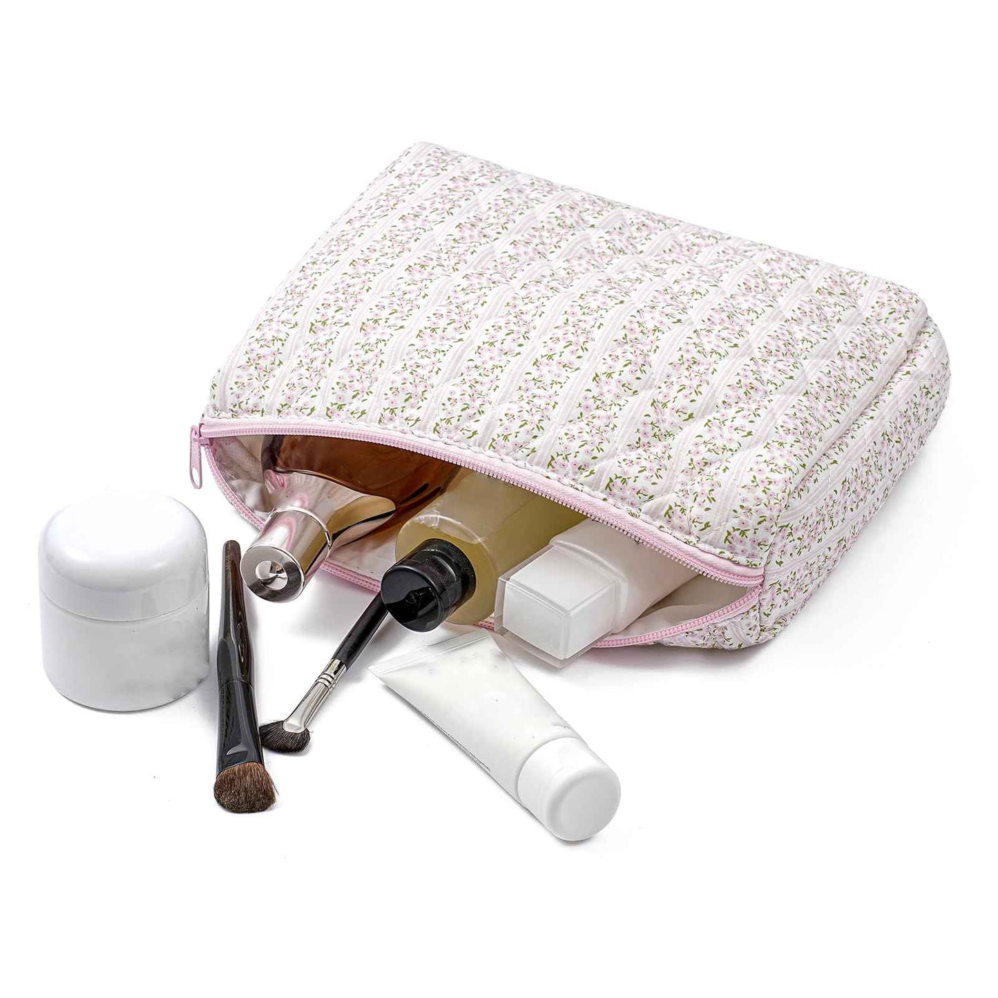 HHQQWZ Large Travel Makeup Bag Cosmetic Bag for Women Girls, Cute Large Floral Cotton Cosmetic Bag, Zipper Toiletry Bag Makeup Brushes Accessories Organizer Storage Bag (Pink Floral)