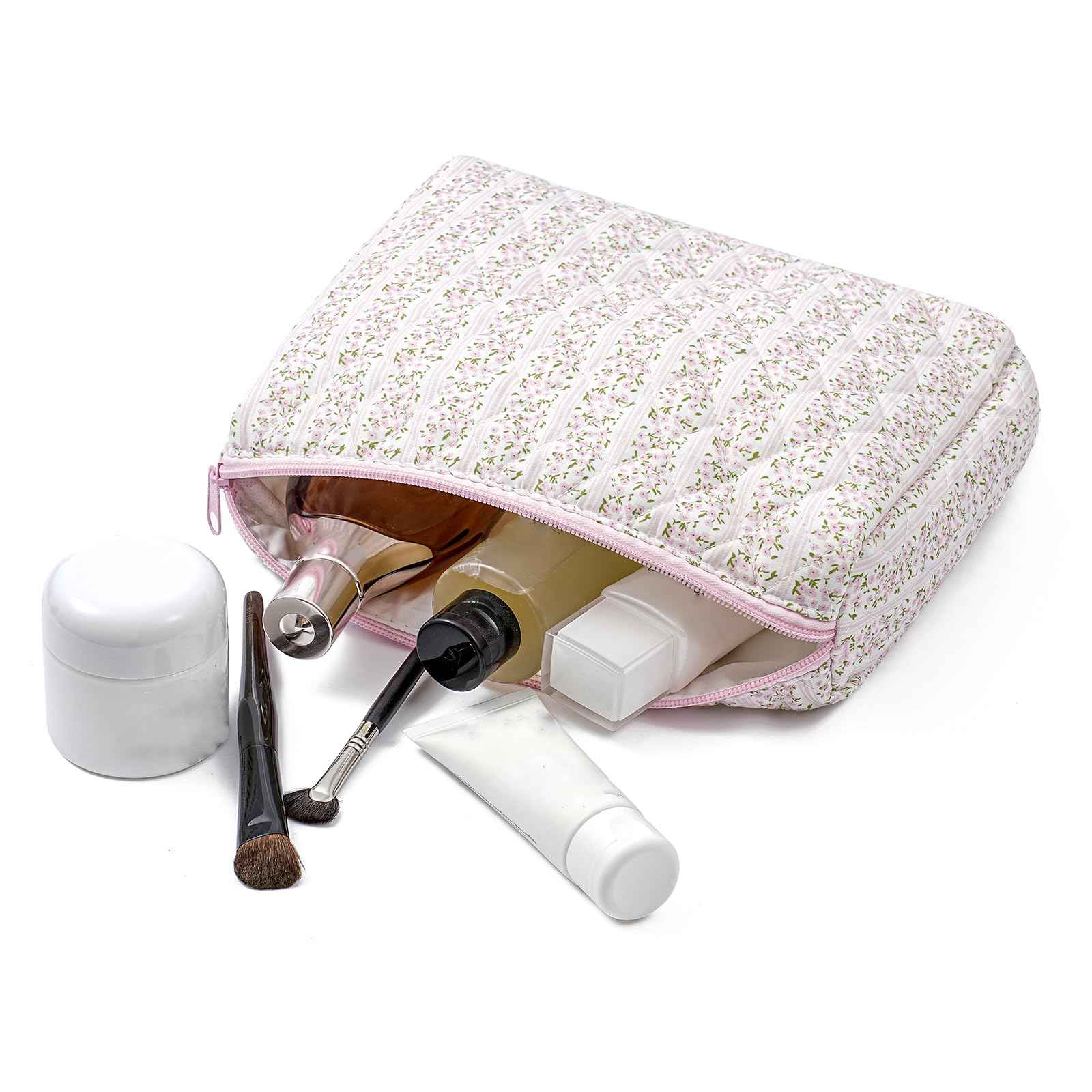 HHQQWZ Large Travel Makeup Bag Cosmetic Bag for Women Girls, Cute Large Floral Cotton Cosmetic Bag, Zipper Toiletry Bag Makeup Brushes Accessories Organizer Storage Bag (Pink Floral)